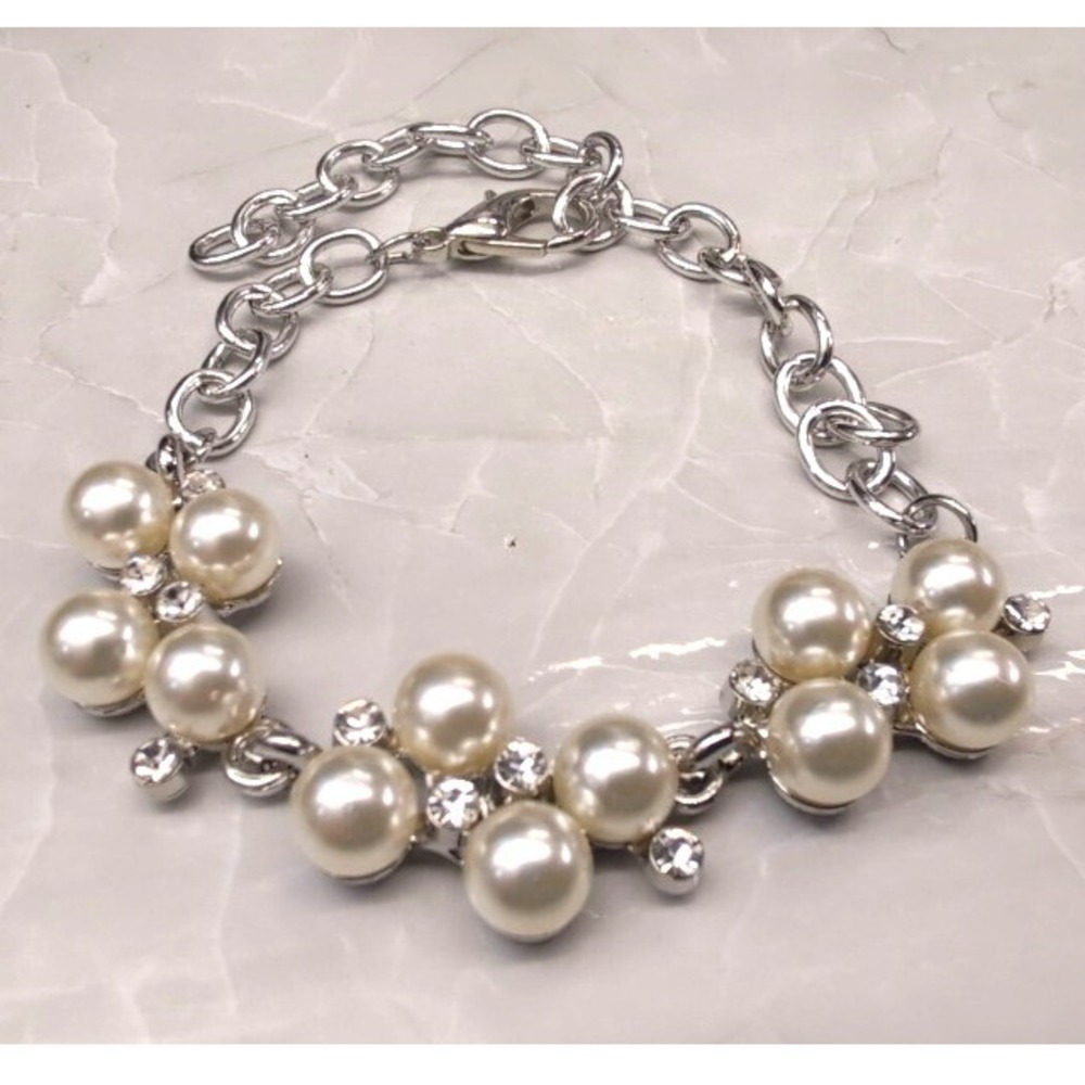 New Faux Pearl Rhinestone Bracelet to 10.5" SilverTone Cluster Bridal Jewelry